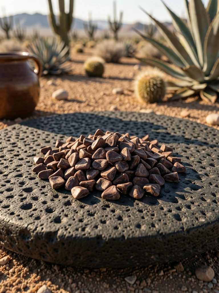 Cacao crudo sobre piedra volcánica
